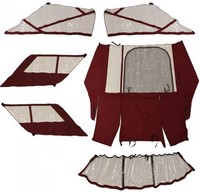 Photo of Formula 310 SS No Arch, 2009 Front Connector Bimini Side Curtains, Camper Side and Aft Curtains Burgundy laid out 