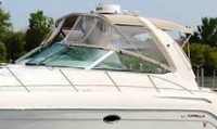 Photo of Formula 37 PC, 2001: Bimini Top, Connector, Side Curtains, Camper Top, viewed from Starboard Front 