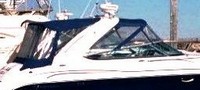 Photo of Formula 370 SS Aluminum WindShield, 2003: Bimini Connector, Side Curtains, Arch Connection, Camper Top, Camper Side Aft Curtains, viewed from Starboard Side 
