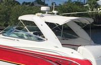 Photo of Formula 370 SS Stainless WindShield, 2006: Bimini Top, Camper Arch Connection, Camper Top, Camper Arch Connection White Aqualon, viewed from Port Rear 