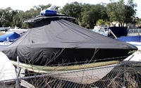 Fountain® 32CC T-Top-Boat-Cover-Sunbrella-3199™ Custom fit TTopCover(tm) (Sunbrella(r) 9.25oz./sq.yd. solution dyed acrylic fabric) attaches beneath factory installed T-Top or Hard-Top to cover entire boat and motor(s)