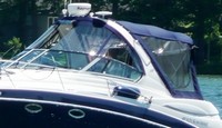 Photo of Four Winns v338 2008: Hard-Top, Visor center zipped open, Side Curtains zipped open Camper Top, Camper Side and Aft Curtains, viewed from Port Front 