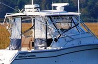 Photo of Grady White Express 330, 2006 Front Visor, Side Curtains, Aft-Drop-Curtain Sunbrella Fabric, viewed from Starboard Rear 