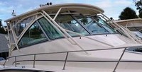 Grady White® Express 370 Hard-Top-Visor-Side-Curtains-Aft-Drop-Curtain-Strataglass-OEM-J8™ Factory 3 item (4-8 pieces) 4-sided enclosure replacement canvas set: front window Visor panels (1, 2 or 3 on Walk Around Cuddy boats), 3 on Dual Console boats), Side Curtains (pair each) and Aft Drop Curtain for factory installed Hard Top (Strataglass(r) windows, #10 zippers), OEM (Original Equipment Manufacturer)