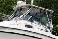 Grady White® F26 Tiger Cat Hard-Top-Visor-Side-Curtains-Aft-Drop-Curtain-Strataglass-OEM-J4™ Factory 3 item (4-8 pieces) 4-sided enclosure replacement canvas set: front window Visor panels (1, 2 or 3 on Walk Around Cuddy boats), 3 on Dual Console boats), Side Curtains (pair each) and Aft Drop Curtain for factory installed Hard Top (Strataglass(r) windows, #10 zippers), OEM (Original Equipment Manufacturer)