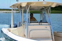 Photo of Grady White Fisherman 230, 2015: T-Top, Front Window Side Curtains Gull-Wings Ivory Stamoid (Factory OEM website photo), viewed from Starboard Front 