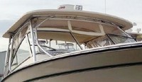 Grady White® Freedom 307 Hard-Top-Visor-Side-Curtains-Aft-Drop-Curtain-Strataglass-OEM-J6™ Factory 3 item (4-8 pieces) 4-sided enclosure replacement canvas set: front window Visor panels (1, 2 or 3 on Walk Around Cuddy boats), 3 on Dual Console boats), Side Curtains (pair each) and Aft Drop Curtain for factory installed Hard Top (Strataglass(r) windows, #10 zippers), OEM (Original Equipment Manufacturer)