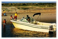 Photo of Grady White Tournament 223, 1998: factory Bimini Top in Boot, viewed from Port Rear from Product Brochure 