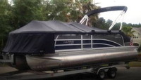 Photo of Harris Solstice 220, 2013: Aft Canopy Top snap on Pontoon Aft Canopy Mooring-Cover, viewed from Port Front 