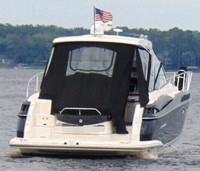 Photo of Monterey 400 Sport Yacht, 2013: Hard-Top Aft Curtains open Black Sunbrella(r), viewed from Starboard Rear 