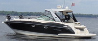 Photo of Monterey 400 Sport Yacht, 2013: Hard-Top, Visor and Side Curtains Hard-Top Aft Curtains with 4 middle panels zipped off Black Sunbrella(r), viewed from Port Rear 