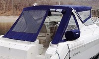 Photo of Regal Commodore 402, 1996: Bimini Top, Front Visor, Side Curtains, Arch Aft Curtains, Rear, viewed from Port 