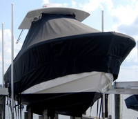 Photo of Regulator 26FS 20xx T-Top Boat-Cover Extended, Side Skirts, viewed from Starboard Front 
