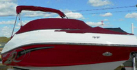 Photo of Rinker 196 Captiva OB, 2013: Bimini Top in Boot, Bow Cover Cockpit Cover DubonNet Tweed, viewed from Starboard Front 