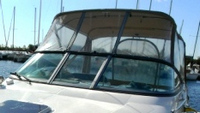 Rinker® 260 Express Cruiser No Arch Bimini-Connector-Curtains-Set-OEM-T18™ Factory 4 item (6-8 piece) 4-sided enclosure replacement canvas set: Bimini Top canvas, front window Connector panel(s), Side Curtains (pair each) and Aft Curtain (No Frames or Boots), OEM (Original Equipment Manufacturer)