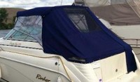 Rinker® 270 Fiesta Vee Bimini-Connector-Curtains-Set-OEM-T17™ Factory 4 item (6-8 piece) 4-sided enclosure replacement canvas set: Bimini Top canvas, front window Connector panel(s), Side Curtains (pair each) and Aft Curtain (No Frames or Boots), OEM (Original Equipment Manufacturer)