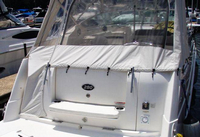 Rinker® 280 Express Cruiser No Arch Bimini-Aft-Curtain-OEM-T5™ Factory Bimini AFT CURTAIN with Eisenglass window(s) for Bimini-Top (not included) angles back to Transom area (not vertical), OEM (Original Equipment Manufacturer)