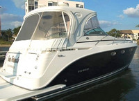 Photo of Rinker 390 Express Cruiser Hard-Top, 2006: Connector, Side Curtains HT Connections, Camper Side Aft Curtains, Rear, viewed from Port 