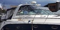 Photo of Rinker 410 Fiesta Vee Express Cruiser Canvas Tops, 2004: Radar Arch Bimini Top, Connector, Side Curtains, Camper Top, Camper Side Curtains, viewed from Starboard Front 