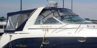 Photo of Rinker 410 Fiesta Vee Express Cruiser Canvas Tops, 2005: Radar Arch Bimini Top, Connector, Side Curtains, Camper Top, Camper Side and Aft Curtains, viewed from Starboard Side 