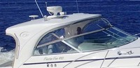 Photo of Rinker 410 Fiesta Vee Express Cruiser Hard-Top, 2005: Visor and Valance Side Curtains, Camper Valane, viewed from Starboard Front 