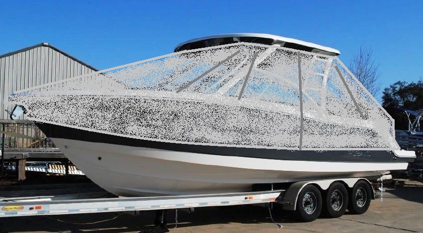 Robalo R317, 20xx, TTopCovers™ T-Top boat cover rendition under factory hard top, port front