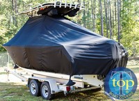 Sailfish® 2360CC T-Top-Boat-Cover-Sunbrella-1499™ Custom fit TTopCover(tm) (Sunbrella(r) 9.25oz./sq.yd. solution dyed acrylic fabric) attaches beneath factory installed T-Top or Hard-Top to cover entire boat and motor(s)