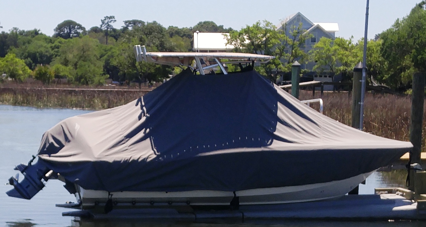 Scout, 195SF, 20xx, TTopCovers™ T-Top boat cover on Float with Sand Bags, starboard side