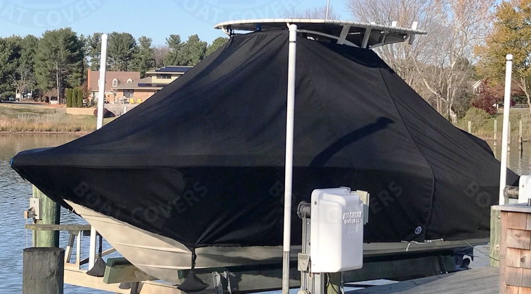 Scout 215XSF, 20xx, TTopCovers™ T-Top boat cover On Lift, port front