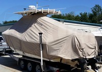 Scout® 280 Sportfish T-Top-Boat-Cover-Sunbrella-2349™ Custom fit TTopCover(tm) (Sunbrella(r) 9.25oz./sq.yd. solution dyed acrylic fabric) attaches beneath factory installed T-Top or Hard-Top to cover entire boat and motor(s)