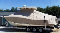 Photo of Scout 280 Sportfish 20xx T-Top Boat-Cover Tan, viewed from Port Side 