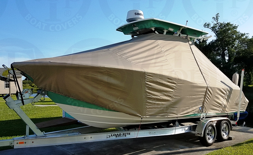 Sea Fox 248CC Commander, 20xx new Hard T Top, TTopCovers™ T-Top boat cover Tan, port front