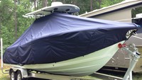 Sea Fox® 266CC Commander T-Top-Boat-Cover-Sunbrella-1999™ Custom fit TTopCover(tm) (Sunbrella(r) 9.25oz./sq.yd. solution dyed acrylic fabric) attaches beneath factory installed T-Top or Hard-Top to cover entire boat and motor(s)