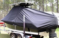 Sea Hunt® Ultra 196 T-Top-Boat-Cover-Wmax-699™ Custom fit TTopCover(tm) (WeatherMAX(tm) 8oz./sq.yd. solution dyed polyester fabric) attaches beneath factory installed T-Top or Hard-Top to cover entire boat and motor(s)
