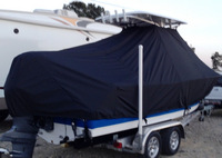 Sea Hunt® Ultra 225 T-Top-Boat-Cover-Wmax-949™ Custom fit TTopCover(tm) (WeatherMAX(tm) 8oz./sq.yd. solution dyed polyester fabric) attaches beneath factory installed T-Top or Hard-Top to cover entire boat and motor(s)