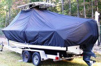 Sea Hunt® Ultra 235 T-Top-Boat-Cover-Wmax-999™ Custom fit TTopCover(tm) (WeatherMAX(tm) 8oz./sq.yd. solution dyed polyester fabric) attaches beneath factory installed T-Top or Hard-Top to cover entire boat and motor(s)