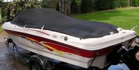Photo of Sea Ray 176 SRX Bowrider, 2002:, Bow Cover Cockpit Cover with Bimini Frame Cutouts, viewed from Port Rear 