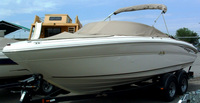 Sea Ray® 210 Bowrider Cockpit-Cover-Bimini-Cutouts-OEM-G1™ Factory Snap-On COCKPIT COVER with Cutouts (openings) for Bimini-Top (the Bimini-Top stands above the windshield) Frame (only), Adjustable Support Pole(s) and reinforced Snap(s) or Grommet(s) inside Cover for Tip of Pole(s), OEM (Original Equipment Manufacturer)