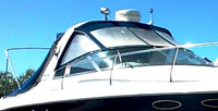Photo of Sea Ray 280 Sun Sport Arch, 1999: Arch Visor, Side Curtains, Sunshade Top, Sunshade Aft Enclosure Curtain, viewed from Starboard Front 