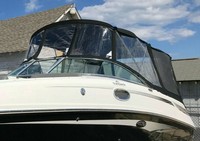 Sea Ray® 280 Sundeck No Tower Bimini-Top-Canvas-Frame-Zippered-Seamark-OEM-G5™ Factory BIMINI-TOP CANVAS on FRAME with Zippers for OEM front Visor and Curtains (not included) with Mounting Hardware (no boot cover) (this Bimini-Top may have been SeaMark(r) vinyl-lined Sunbrella(r) prior to 2008 through 2018, now they are Sunbrella(r) to avoid mold issues), OEM (Original Equipment Manufacturer)