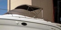Sea Ray® 290 Amberjack No Arch Bimini-Top-Canvas-Frame-Zippered-Seamark-OEM-G4™ Factory BIMINI-TOP CANVAS on FRAME with Zippers for OEM front Visor and Curtains (not included) with Mounting Hardware (no boot cover) (this Bimini-Top may have been SeaMark(r) vinyl-lined Sunbrella(r) prior to 2008 through 2018, now they are Sunbrella(r) to avoid mold issues), OEM (Original Equipment Manufacturer)
