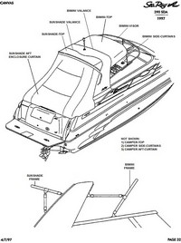 Sea Ray® 290 SDA Sundancer Bimini-Visor-OEM-G2™ Factory Front VISOR Eisenglass Window Set (typ. 3 front panels, but 1 or 2 on some boats) zips between front of OEM Bimini-Top (not included) and Windshield (NO Side-Curtains, sold separately), OEM (Original Equipment Manufacturer)