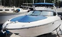 Photo of Sea Ray 300 SLX, 2011: Bimini Top, Bow Cover Cockpit Cover to Top of WindShield, viewed from Port Front 