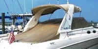 Sea Ray® 310 Sundancer Cockpit-Cover-Bimini-Cutouts-OEM-G4™ Factory Snap-On COCKPIT COVER with Cutouts (openings) for Bimini-Top (the Bimini-Top stands above the windshield) Frame (only), Adjustable Support Pole(s) and reinforced Snap(s) or Grommet(s) inside Cover for Tip of Pole(s), OEM (Original Equipment Manufacturer)