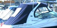 Photo of Sea Ray 320 Sundancer, 2005: Bimini Top, Bimini Visor, Bimini Side Curtains, Sunshade, Sunshade Enclosure Curtains close, viewed from Starboard Rear 