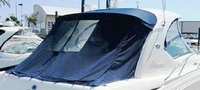 Sea Ray® 330 Sundancer Sunshade-Top-Canvas-Seamark-OEM-G6.5™ Factory SUNSHADE CANVAS (no frame) for OEM Sunshade Top mounted off Back of the factory Radar Arch, with zippers for OEM Sunshade Aft Enclosure Curtains (not included), OEM (Original Equipment Manufacturer) (Sunshade-Tops may have been SeaMark(r) vinyl-lined Sunbrella(r) prior to 2008 through 2018, now they are Sunbrella(r) to avoid mold issues)