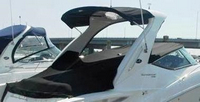 Sea Ray® 330 Sundancer Sunshade-Top-Canvas-Frame-Valance-Boot-Seamark-OEM-G2™ Factory SUNSHADE TOP: (behind Radar Arch) CANVAS on OEM Frame with VALANCE (Zipper Strip for Track), BOOT COVER and Mounting Hardware, with zipper for Sunshade Aft Enclosure Curtain (not included), OEM (Original Equipment Manufacturer) (Sunshade Tops may have been SeaMark(r) vinyl-lined Sunbrella(r) prior to 2008 through 2018, now they are Sunbrella(r) to avoid mold issues)