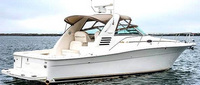 Photo of Sea Ray 340 Amberjack, 2001: Bimini Top, Front Visor, Side Curtains, Arch Connections Sunshade Top, viewed from Starboard Rear 