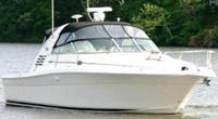 Photo of Sea Ray 340 Amberjack, 2003: Bimini Top, Front Visor, Side Curtains, Arch Connections Sunshade Top, Sunshade Aft Curtain, viewed from Starboard Front 