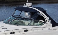 Photo of Sea Ray 340 Sundancer Sportsman Soft Top, 2007: Bimini Top, Visor, Side Curtains, Sunshade Top Aft Enclosure Curtain, viewed from Port Front 